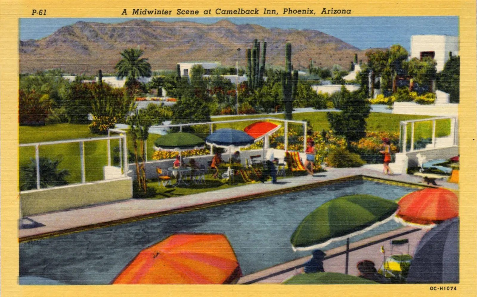 Vintage postcard view of the Camelback Inn resort's adobe buildings beneath Mummy Mountain in Paradise Valley, Arizona