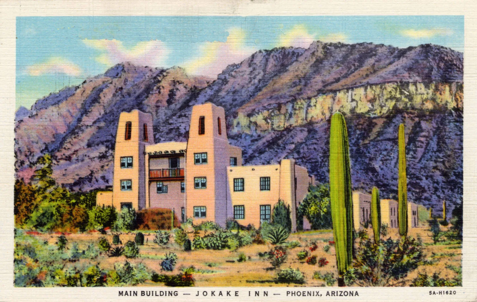 Vintage postcard view of the Jokake Inn's adobe buildings beneath Camelback Mountain