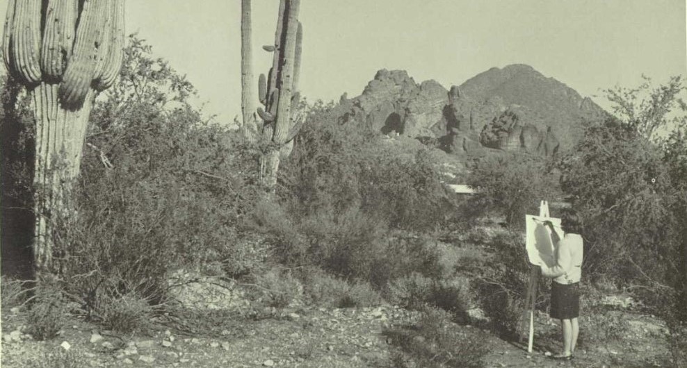 Camelback Mountain photographed in 1964, rising over the Valley near Scottsdale