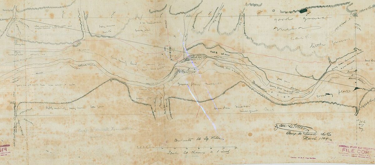 A hand-drawn March 1869 War Department survey of the Camp McDowell military reservation, showing the Verde River winding through a fourteen-square-mile tract with the post buildings, a farm, grassy flats and mesa marked in ink
