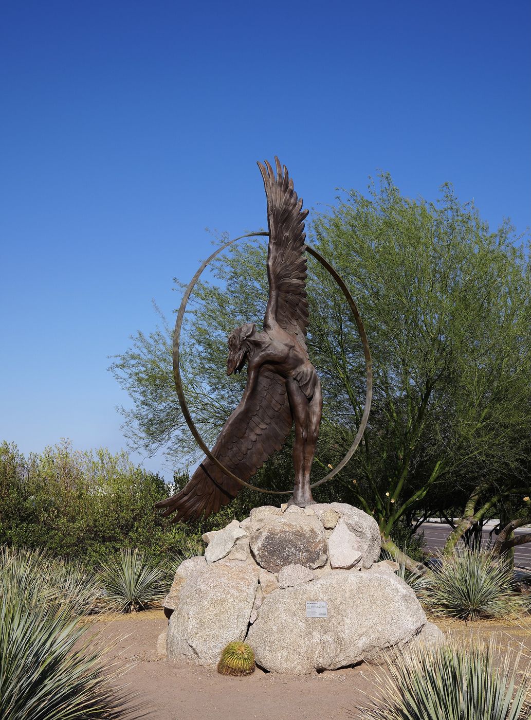 The 1986 bronze sculpture One with the Eagle by Pat Mathiesen at the entrance to Scottsdale Airport